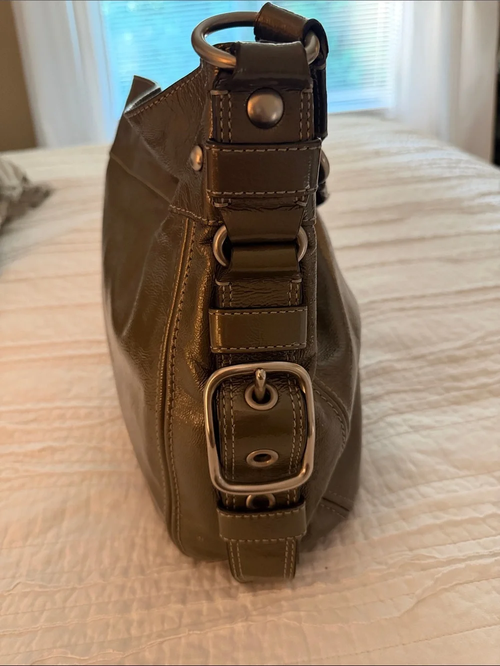 Coach Zoe Olive Green Leather Shoulder Bag with Silver Hardware